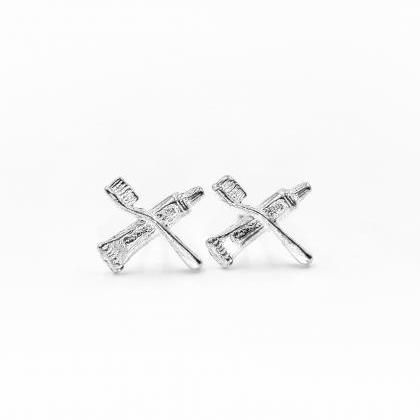 Stud Earrings Silver Toothbrush And Toothpaste..