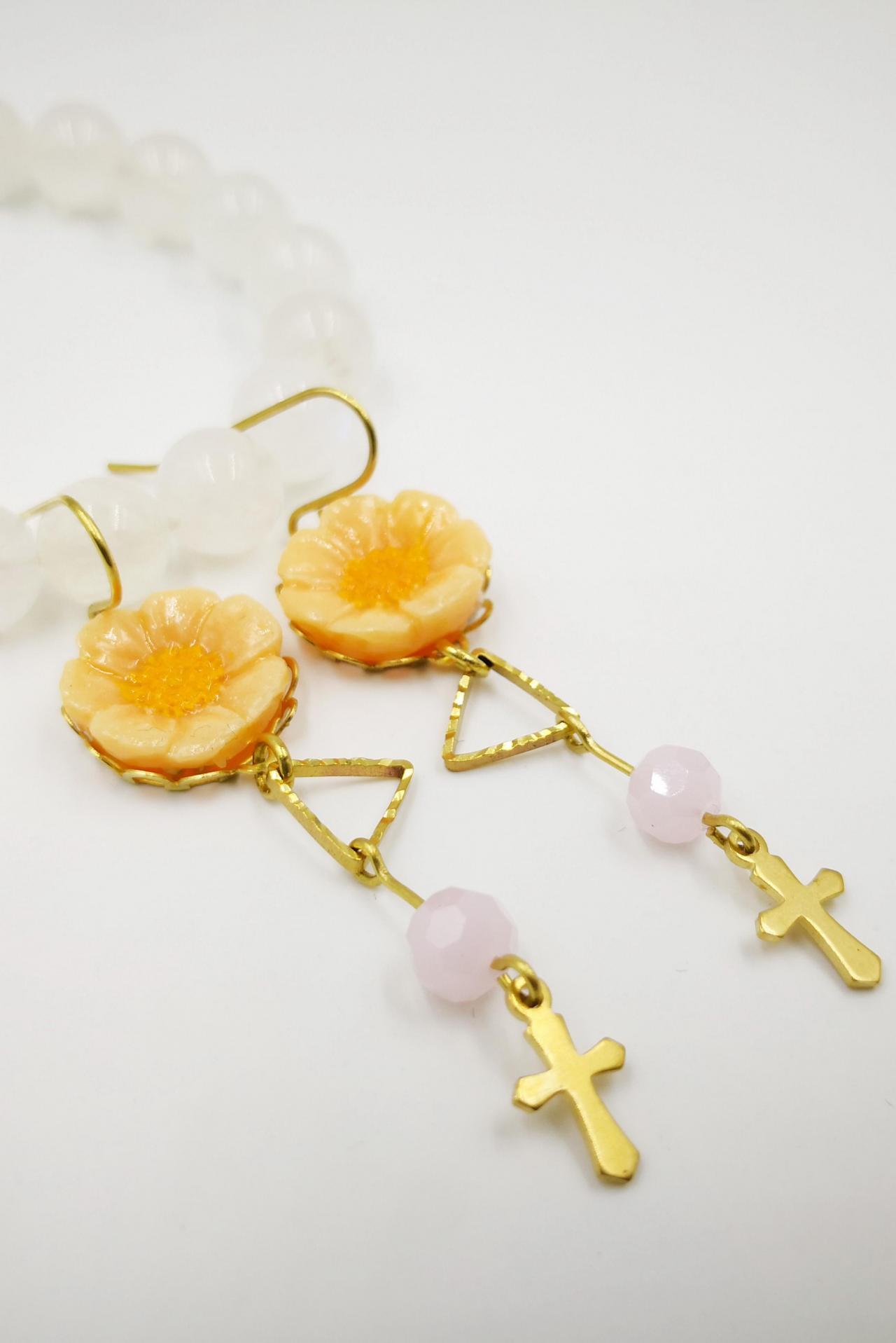 Cross Earrings, Flower Earrings, Beaded Earrings, Mustard Earrings, Christian Earrings Religious, Gold Earring, Handmade Jewelry