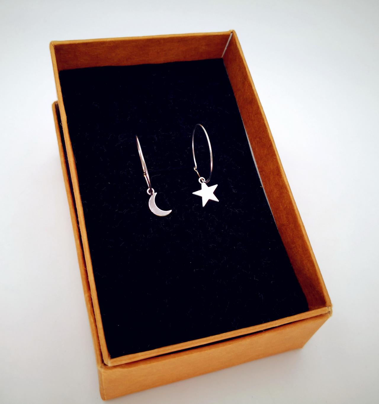 Moon And Star Hoop Earrings In Gold, Rose Gold, Silver