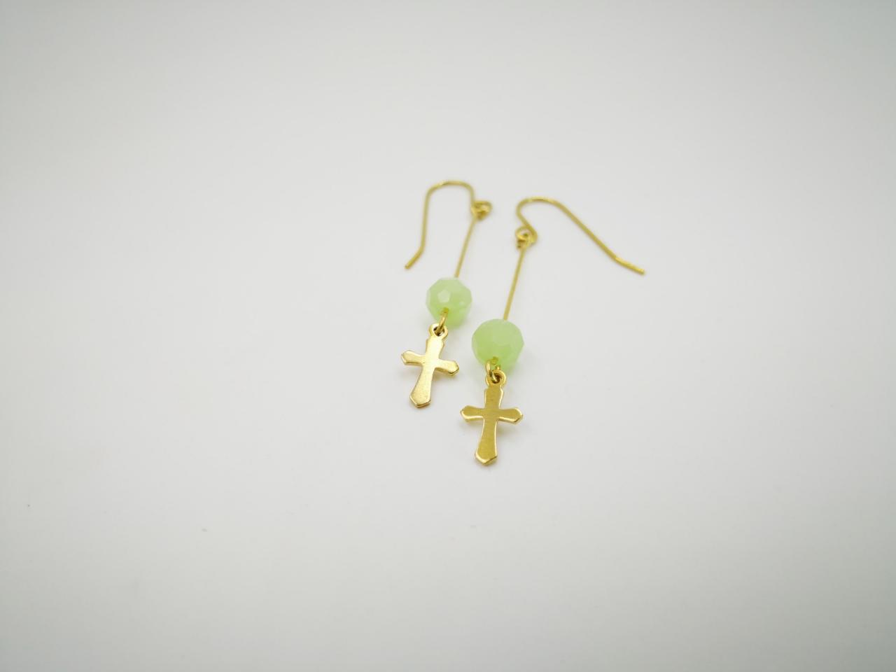 Custom Color Earrings Cross Earrings 6mm Beaded Earrings Christian Earrings Religious Earrings Brass Dangle Earrings Handmade Everyday