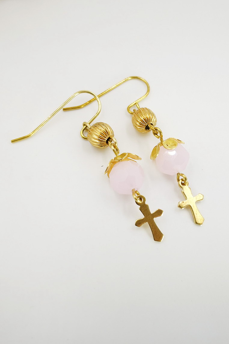 Beaded Earrings Cross Earrings Religious Earrings Pink Earrings Brass Earrings Christian Earrings Dangle Earrings Earrings Handmade